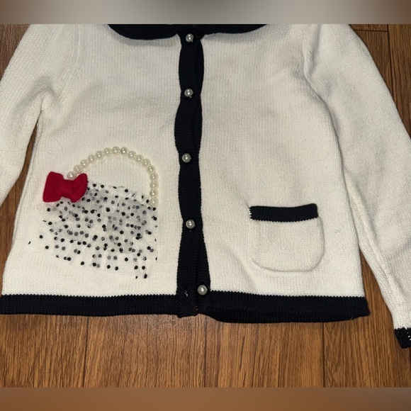 BNWT TAHARI BABY CARDIGAN 12 MONTHS BLACK WHITE COTTON PURSE BOWS PEARLS - Picture 3 of 6